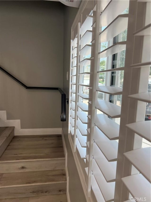 stairway with hardwood / wood-style flooring