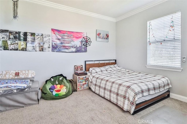 carpeted bedroom with ornamental molding and multiple windows