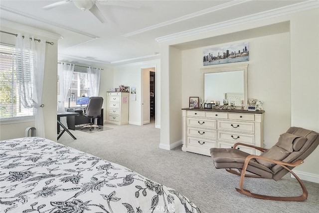 bedroom with light carpet, ceiling fan, and ornamental molding