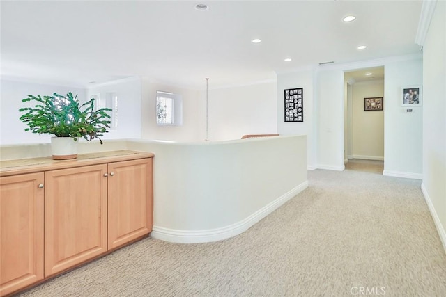 interior space with crown molding, light brown cabinetry, light colored carpet, and sink