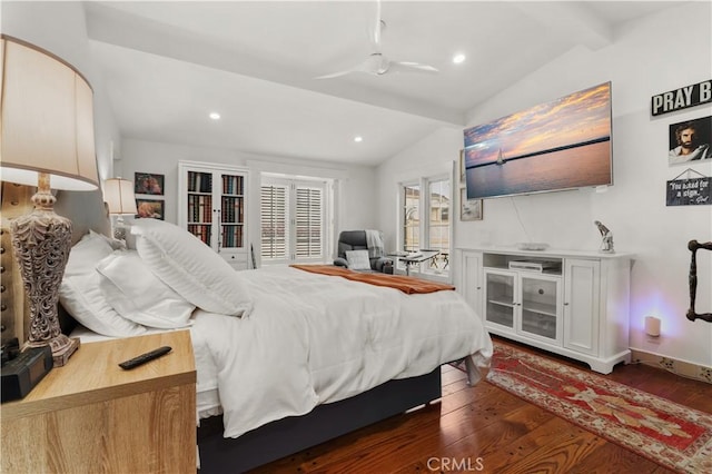 bedroom with vaulted ceiling with beams and dark hardwood / wood-style floors