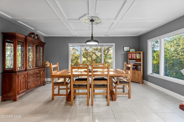 dining area with light tile patterned flooring and coffered ceiling