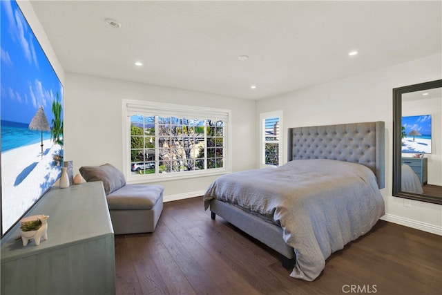 bedroom with hardwood / wood-style flooring, baseboards, and recessed lighting