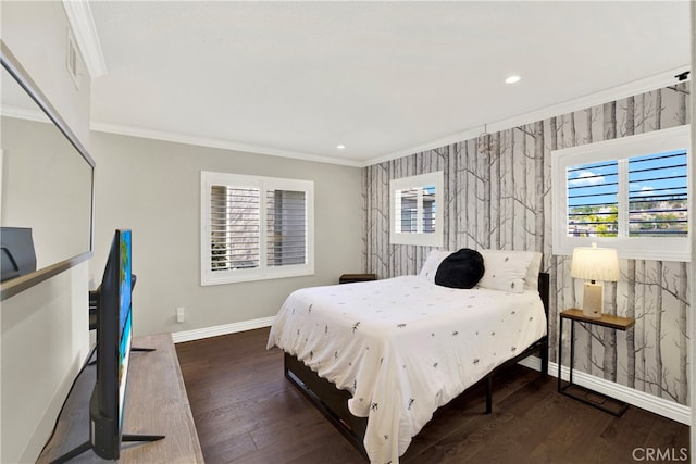 bedroom with crown molding and dark wood-type flooring