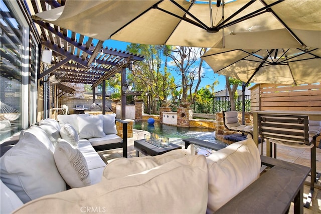 view of patio / terrace featuring an outdoor hangout area and a pergola