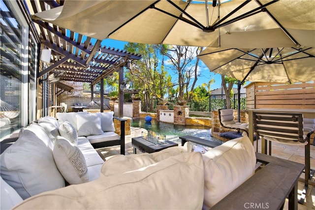 view of patio / terrace with fence, a pergola, and an outdoor living space with a fire pit