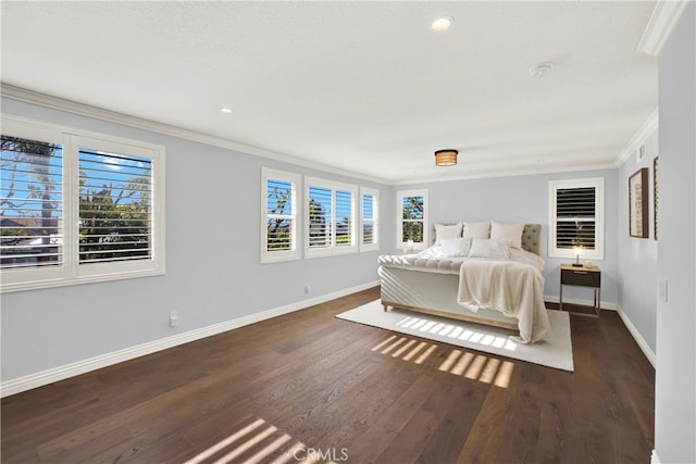 bedroom featuring dark wood-style floors, baseboards, multiple windows, and ornamental molding