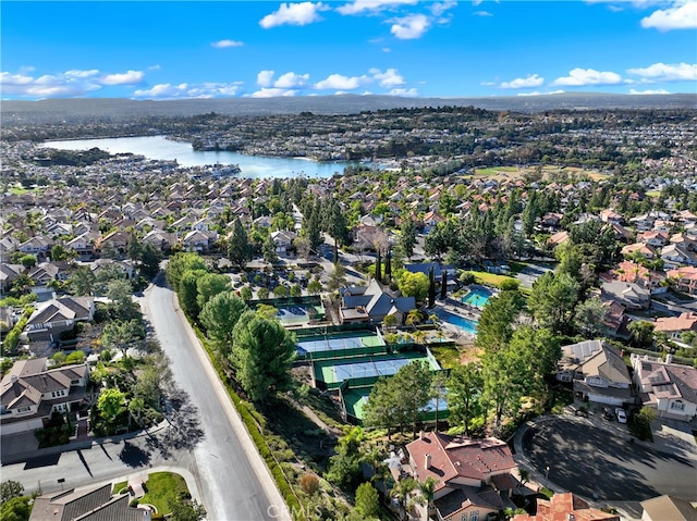 drone / aerial view with a water view