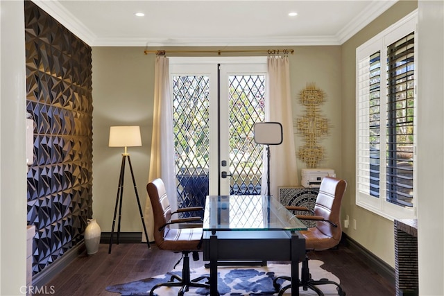 office space featuring ornamental molding, french doors, baseboards, and wood finished floors