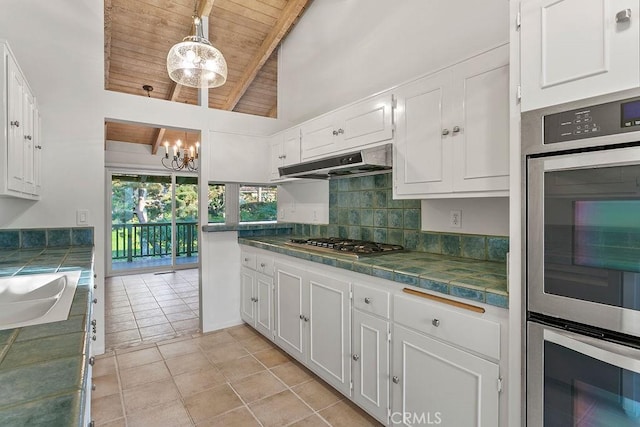 kitchen featuring wooden ceiling, white cabinetry, and ventilation hood