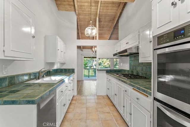 kitchen featuring white cabinetry, wood ceiling, tile countertops, stainless steel appliances, and decorative light fixtures