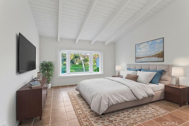 tiled bedroom with lofted ceiling with beams