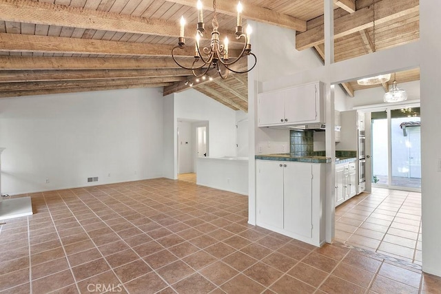 kitchen with wood ceiling, decorative light fixtures, white cabinetry, beamed ceiling, and an inviting chandelier