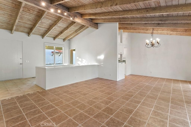 unfurnished living room with wood ceiling, beamed ceiling, rail lighting, a notable chandelier, and light tile patterned floors