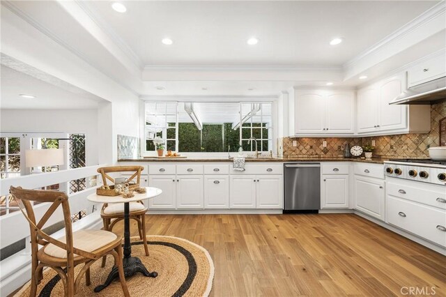 kitchen with appliances with stainless steel finishes, decorative backsplash, white cabinets, and a tray ceiling