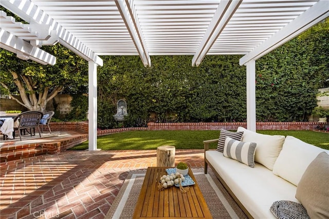 view of patio / terrace with a pergola and outdoor lounge area