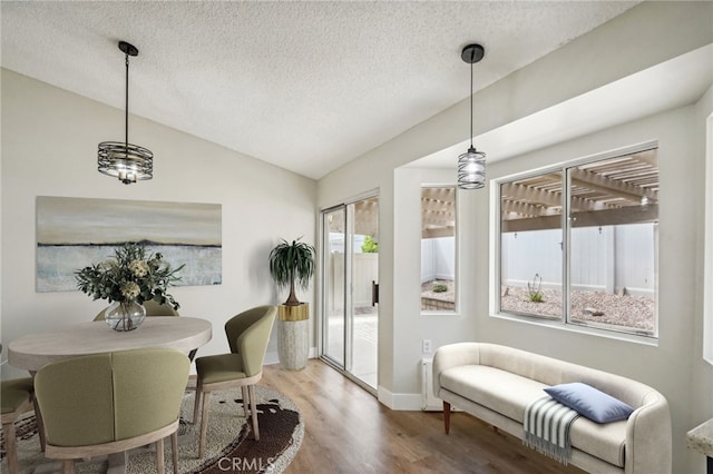 dining room with vaulted ceiling, a textured ceiling, wood finished floors, and baseboards