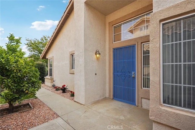 view of exterior entry with stucco siding