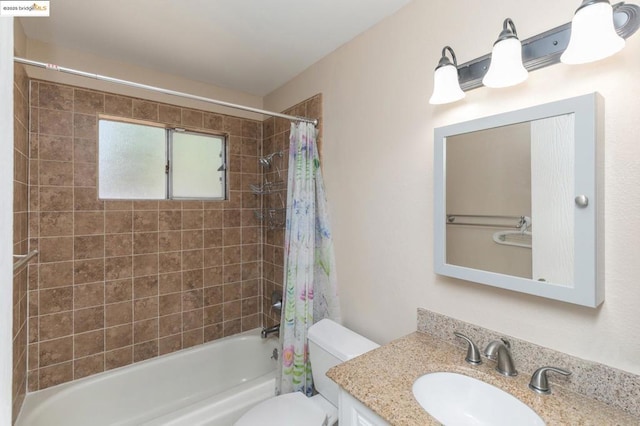 full bathroom with toilet, vanity, and shower / tub combo with curtain