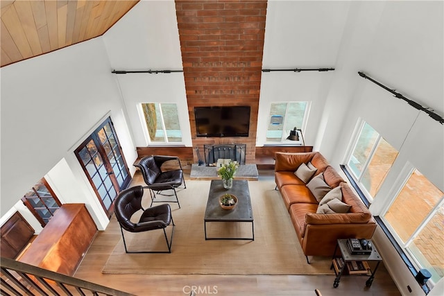 living room with a high ceiling, a fireplace, and a wealth of natural light