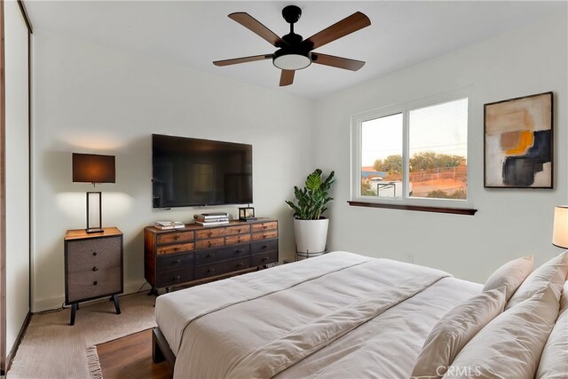 bedroom featuring ceiling fan, a closet, and carpet flooring