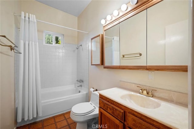 full bathroom featuring toilet, vanity, tile patterned floors, and shower / bathtub combination with curtain