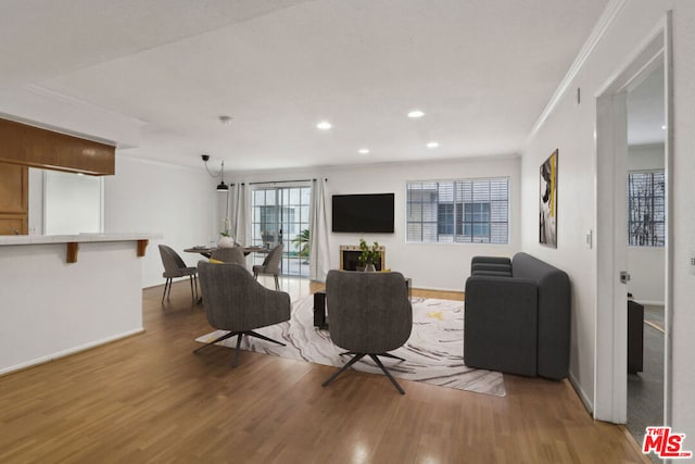 living room featuring wood-type flooring and crown molding