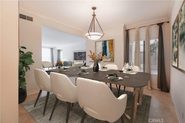 dining space with ornamental molding