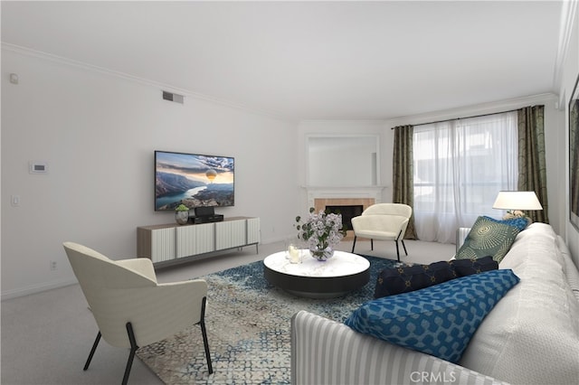 living room with carpet floors, crown molding, and a fireplace