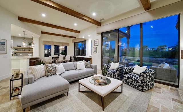 living room with beam ceiling