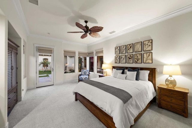 bedroom with ceiling fan, access to outside, light carpet, and ornamental molding