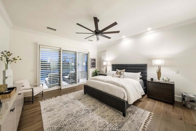 bedroom featuring access to exterior, ceiling fan, ornamental molding, and hardwood / wood-style floors