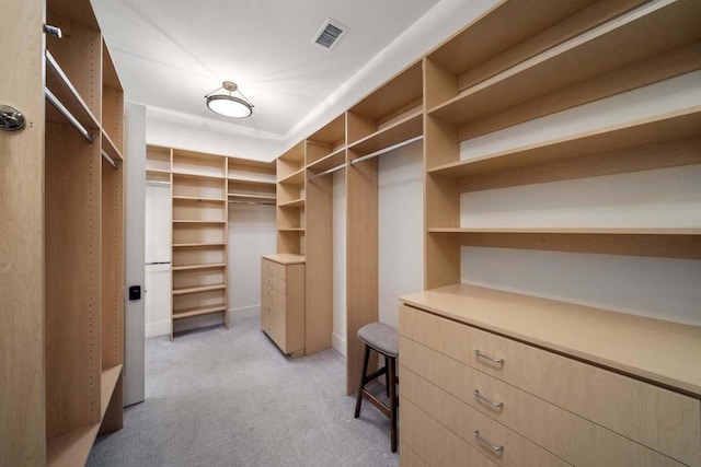 walk in closet featuring light carpet