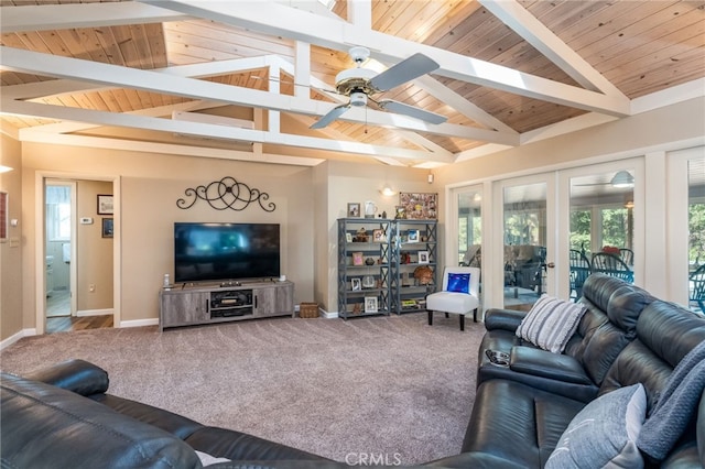 carpeted living room featuring french doors, high vaulted ceiling, ceiling fan, wooden ceiling, and beam ceiling