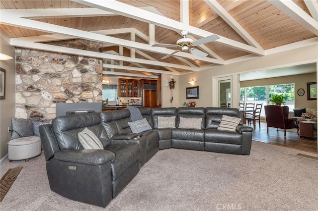 carpeted living room featuring wooden ceiling, ceiling fan, high vaulted ceiling, and beamed ceiling