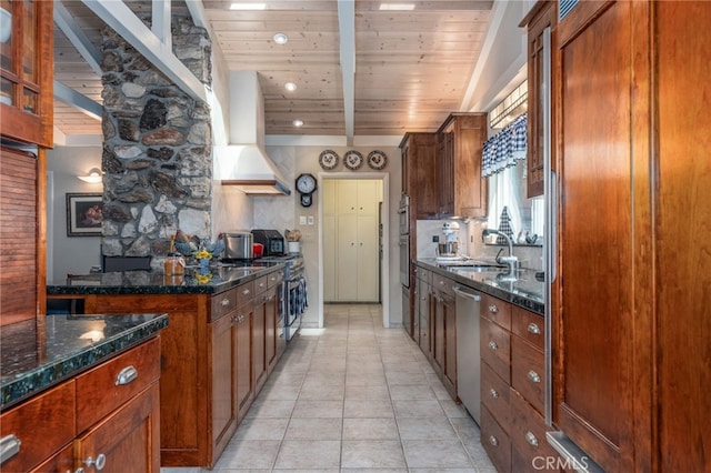 kitchen featuring sink, beamed ceiling, appliances with stainless steel finishes, wood ceiling, and dark stone counters