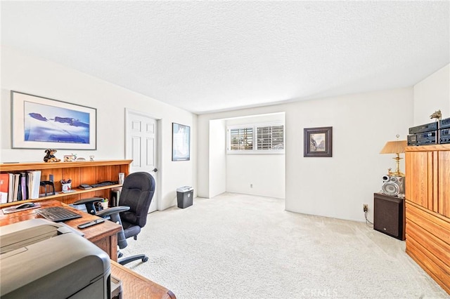 home office with light colored carpet and a textured ceiling