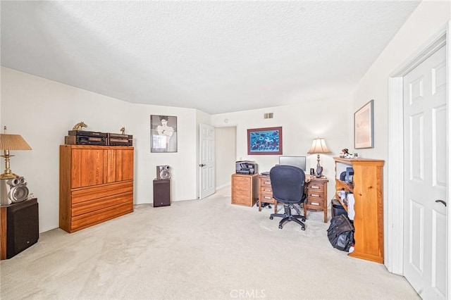 office with a textured ceiling and carpet floors