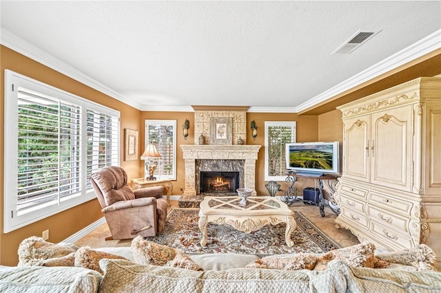 tiled living room featuring a high end fireplace and crown molding