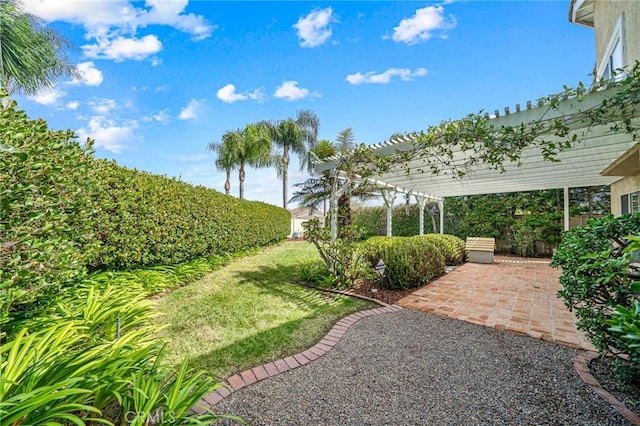 view of yard with a pergola and a patio