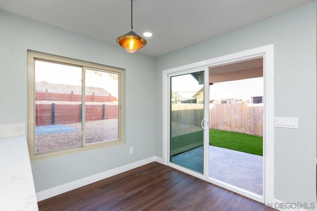 doorway with dark wood-type flooring and a wealth of natural light