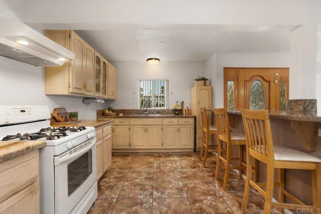 kitchen featuring gas range gas stove, light brown cabinetry, extractor fan, and sink