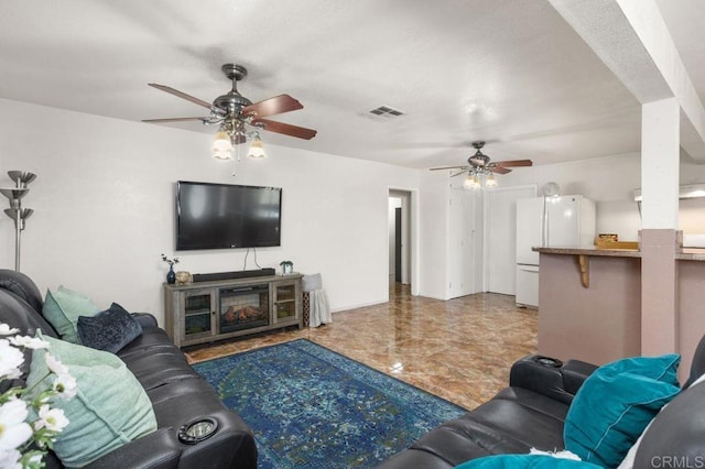 living room with a fireplace