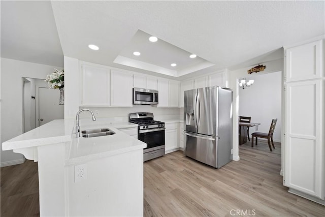 kitchen featuring a raised ceiling, kitchen peninsula, sink, appliances with stainless steel finishes, and white cabinetry