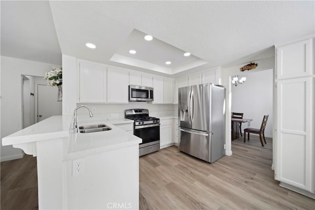 kitchen featuring sink, stainless steel appliances, kitchen peninsula, white cabinets, and a raised ceiling