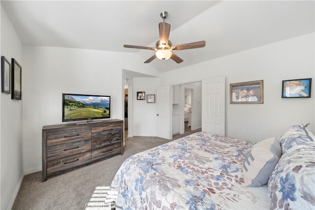 bedroom with carpet flooring, ceiling fan, and lofted ceiling