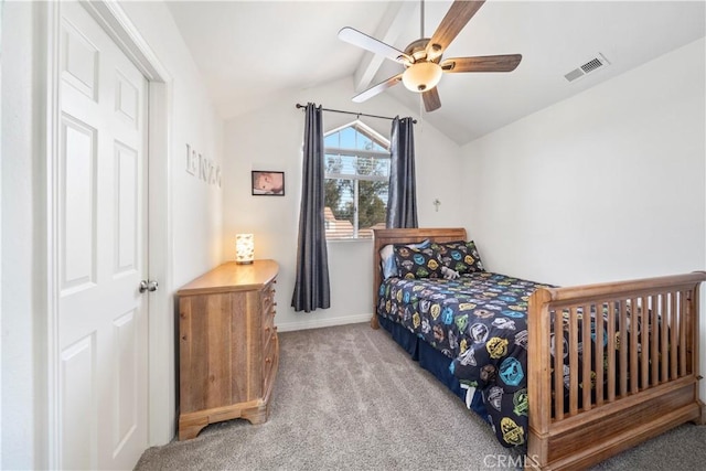 bedroom featuring vaulted ceiling with beams, ceiling fan, and light colored carpet