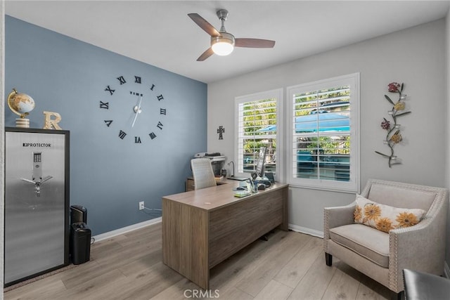 office featuring ceiling fan and light hardwood / wood-style floors