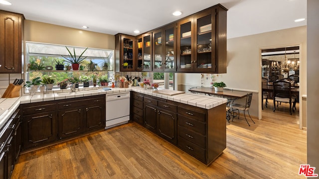 kitchen featuring dark brown cabinets, tile counters, and dishwasher