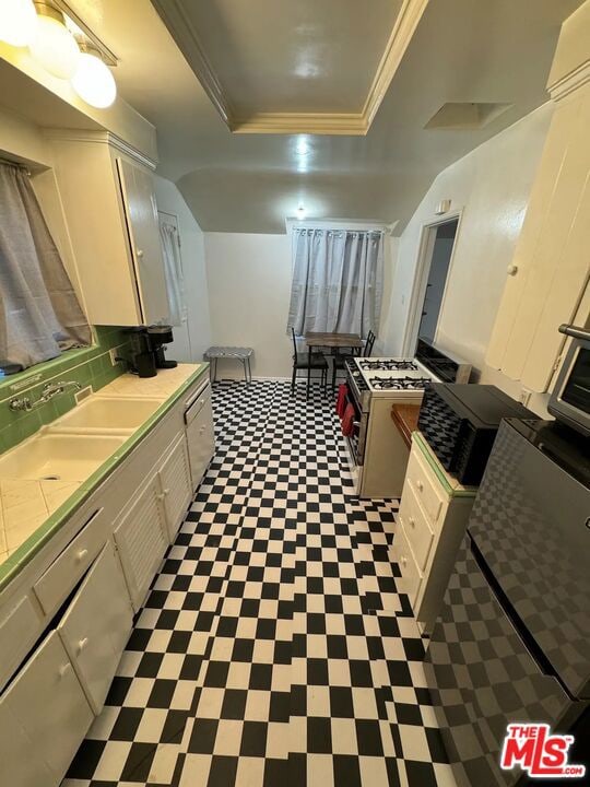 bathroom featuring sink, a tray ceiling, and crown molding